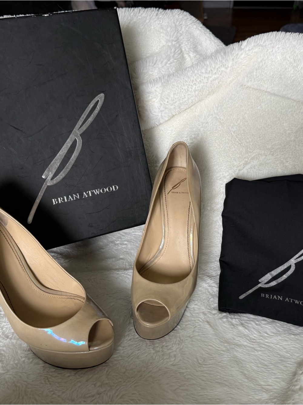 Brian Atwood Nude/Beige Patent Peep-Toe Platform Pumps